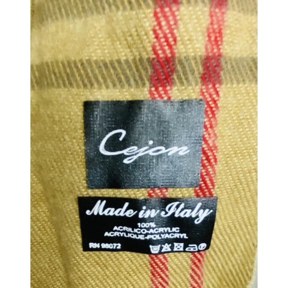 Cejon Scarf Made in Italy 11''x 57'' Fringe Brown Plaid Black Cream Red Tartan